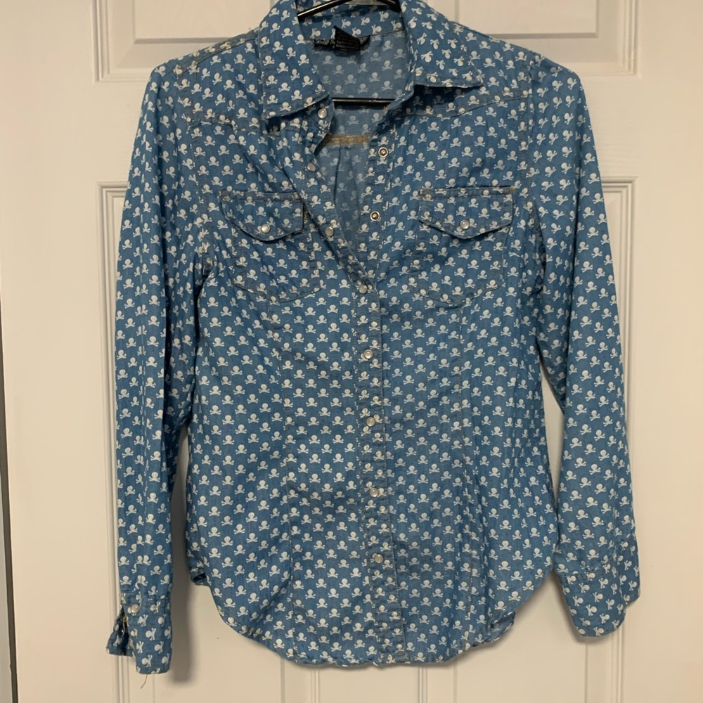 Elegant denim skull and crossbones blouse